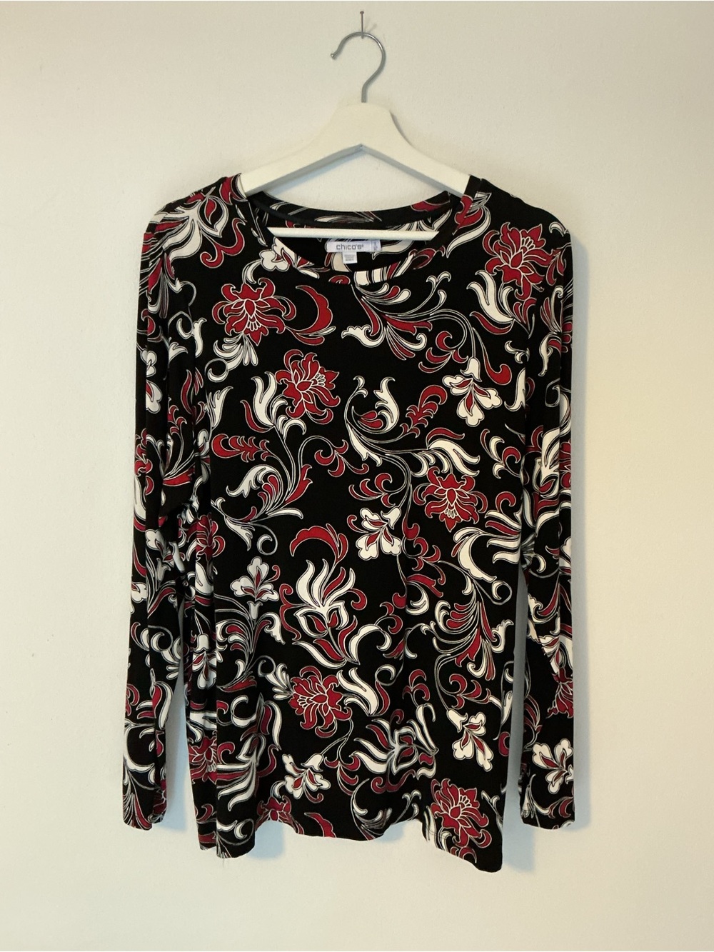 Chico's Black Long Sleeve Tee with Red & White Floral Scrolls - Chico’s Size 3